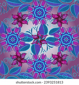 Vector illustration. Seamless floral pattern with flowers, watercolor. Colour Spring Theme seamless pattern Background. Flat Flower Elements Design. Flowers on purple, blue and neutral colors.