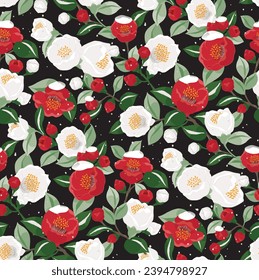 Vector illustration of seamless floral pattern decorated with Camellia flowers. 	