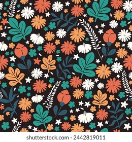 Vector illustration. Seamless floral pattern on a dark background, flowers, leaves. Ditsy floral pattern, field of flowers, print for fabric, textile, wallpaper, clothing, packaging