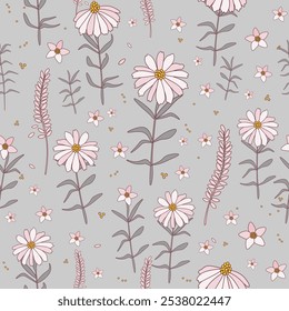 Ilustração vetorial. Padrão floral sem emenda de margaridas delicadas em um fundo cinza. Padrão branco floral, campo de flores, impressão para tecido, têxtil, papel de parede, roupas de bebê, embalagem