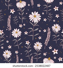 Vector illustration. Seamless floral pattern of delicate daisies on a dark blue background. Floral white pattern, field of flowers, print for fabric, textile, wallpaper, baby clothes, packaging