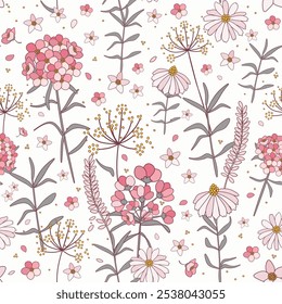 Ilustración vectorial. Patrón floral sin fisuras de flores delicadas sobre un fondo blanco. Patrón floral, campo de flores, margaritas, flores silvestres, impresión en tela, textil, Fondo de pantalla, ropa de los niños