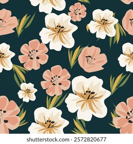 Vector illustration of a seamless floral pattern in natural tones. Dark green, cream, and light pink for the background. Product design: wraps, pillow cases, packaging