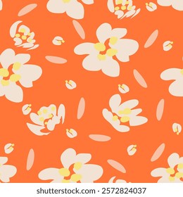 Vector illustration of a seamless floral pattern with bright orange tones as a background. And the cream-yellow flowers give a feeling of freshness and vitality. for background design