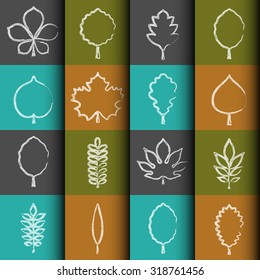 Vector illustration: seamless floral pattern with white chalk line contours of tree leaves isolated on varicolored squared backdrop