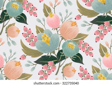 Vector illustration of a seamless floral pattern with spring flowers. Lovely floral background in sweet colors