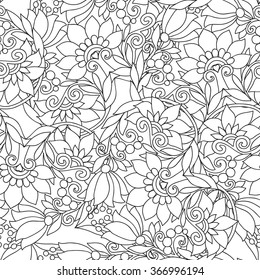 Vector illustration of seamless floral pattern. Good for adult relaxation coloring book. Outline. Black and white.