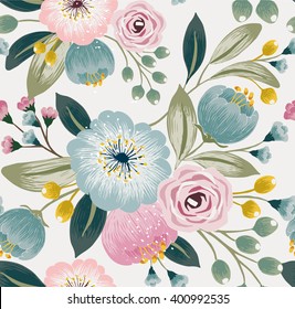 Vector illustration of a seamless floral pattern with spring flowers. Lovely floral background in sweet colors