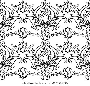 vector illustration seamless floral pattern, contour, adult coloring, oriental style, flower, leaves, abstract, hand drawing
