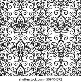 vector, illustration, seamless floral pattern, contour, adult coloring, oriental style, flower, leaves, abstract, hand drawing