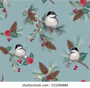 Vector illustration  of  seamless floral pattern in winter for Happy New Year and Merry Christmas cards. A beautiful hand drawn illustration with a cute bird on a branch.