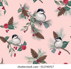 Vector illustration  of  seamless floral pattern in winter for Happy New Year and Merry Christmas cards. A beautiful hand drawn illustration with a cute bird on a branch.