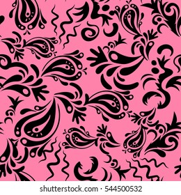 Vector illustration. Vector seamless floral pattern in pink and black colors for design, textile or fabric.