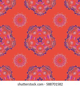 Vector illustration. Vector seamless floral pattern in violet, orange and blue colors for design, textile or fabric.