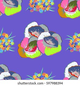 Vector illustration. Seamless floral pattern on a violet background with motley poppy flowers.