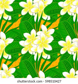 Vector illustration. Seamless floral pattern with stylized plumeria flowers on a yellow background.