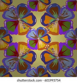 Vector illustration. Seamless floral pattern in cute flowers in violet and orange colors.