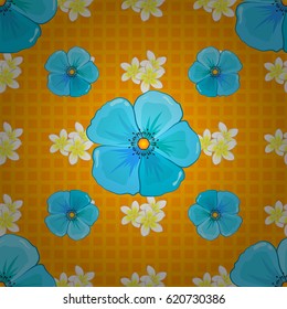 Vector illustration. Seamless floral pattern on a orange background with motley cosmos flowers.