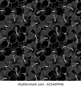Vector illustration. Seamless floral pattern with gray and black hibiscus flowers, watercolor. Seamless pattern with floral motif. Vector flower illustration.