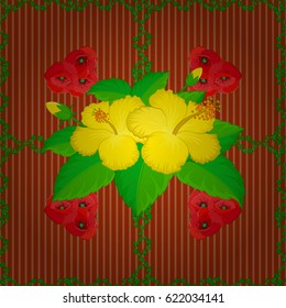 Vector illustration. Seamless floral pattern with stylized hibiscus flowers on a brown background.