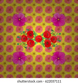 Vector illustration. Seamless floral pattern with stylized cosmos flowers on a yellow background.