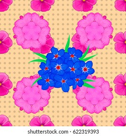 Vector illustration. Seamless floral pattern on a beige background with motley forget-me-not flowers.