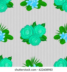 Vector illustration. Seamless floral pattern on a gray background with motley rose flowers and green leaves.