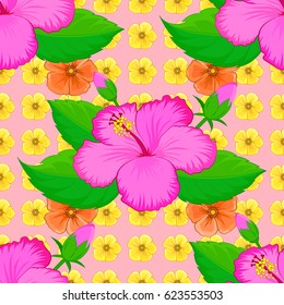 Vector illustration. Seamless floral pattern with stylized hibiscus flowers on a pink background.