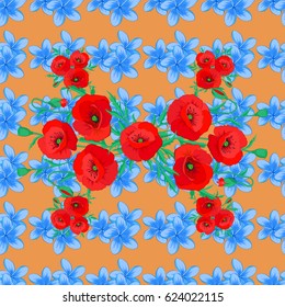 Vector illustration. Seamless floral pattern in cute poppy flowers on a brown background.