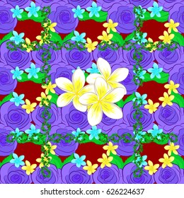 Vector illustration. Seamless floral pattern in cute rose flowers and green leaves on a red background.