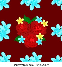 Vector illustration. Seamless floral pattern in cute rose flowers and green leaves on a red background.