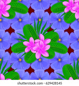 Vector illustration. Seamless floral pattern on a red background with motley plumeria flowers.