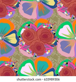 Vector illustration. Seamless floral pattern in pink and blue colors with motley flowers.