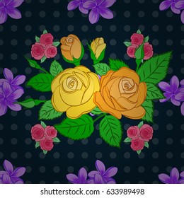 Vector illustration. Seamless floral pattern in cute rose flowers and green leaves on a blue background.