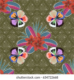 Vector illustration. Seamless floral pattern in pink and blue colors with motley flowers.