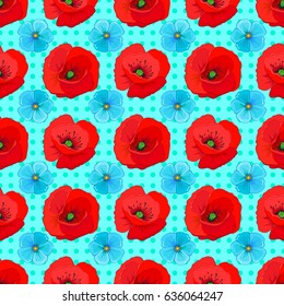 Vector illustration. Seamless floral pattern with stylized poppy flowers on a blue background.