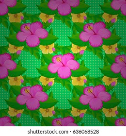Vector illustration. Seamless floral pattern on a green background with motley hibiscus flowers.