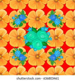 Vector illustration. Seamless floral pattern with stylized rose flowers and green leaves on a red background.