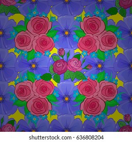 Vector illustration. Seamless floral pattern with stylized rose flowers and green leaves on a yellow background.