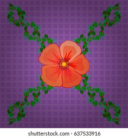 Vector illustration. Seamless floral pattern with stylized cosmos flowers on a violet background.