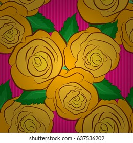 Vector illustration. Seamless floral pattern with stylized rose flowers and green leaves on a magenta background.