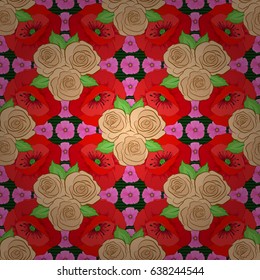 Vector illustration. Seamless floral pattern in cute rose flowers and green leaves on a green background.