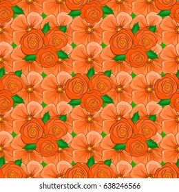 Vector illustration. Seamless floral pattern on a green background with motley rose flowers and green leaves.