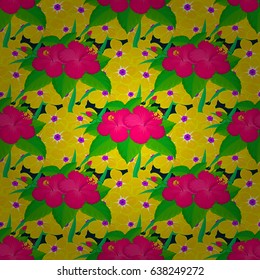 Vector illustration. Seamless floral pattern on a blue background with motley hibiscus flowers.