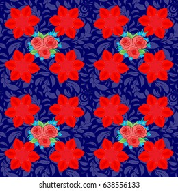 Vector illustration. Seamless floral pattern in cute rose flowers and green leaves on a blue background.