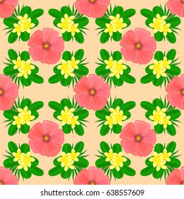 Vector illustration. Seamless floral pattern with stylized cosmos flowers on a beige background.