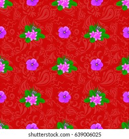 Vector illustration. Seamless floral pattern on a red background with motley plumeria flowers.
