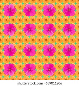 Vector illustration. Seamless floral pattern with stylized cosmos flowers on a green background.