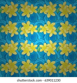 Vector illustration. Seamless floral pattern on a blue background with motley plumeria flowers.