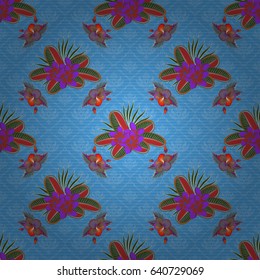 Vector illustration. Seamless floral pattern in red, orange and blue colors with motley flowers.